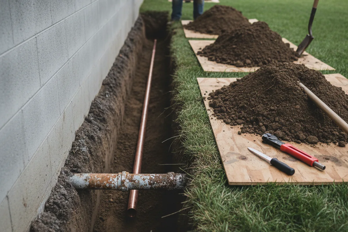 Excavated water line trench during Water Heater Repair in Fair Play
